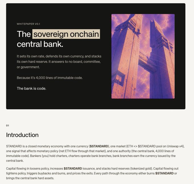 A whitepaper cover for "STANDARD V0.1" titled "The sovereign onchain central bank," describing it as a closed monetary economy on Uniswap v4 with $STANDARD currency, a central bank run by 4,000 lines of immutable code, and mechanics involving bank charters, ETH-to-$STANDARD swaps, and tokenized gold hard reserves.

The caption aligns with the Thai post about $STANDARD's upcoming game where players become "bankers" by opening branches (NFT charters) for yield, but can only exit by closing their branch—mirroring the whitepaper's closed monetary loop and whitelist hunt for the first 1,000 banks.