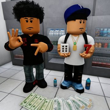 Two 3D animated characters resembling rappers posing in front of a convenience store refrigerator, with one holding dice and a gold chain while stacks of cash lie on the floor.