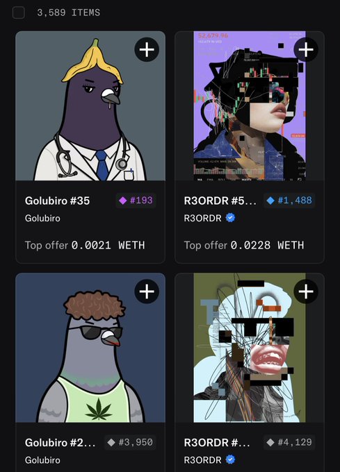 A digital NFT marketplace interface showing a collection of 3,589 items, featuring two pigeon-themed 'Golubiro' NFTs (#35 and #2) and two glitch-style portrait 'R3ORDR' NFTs with prices displayed in WETH.