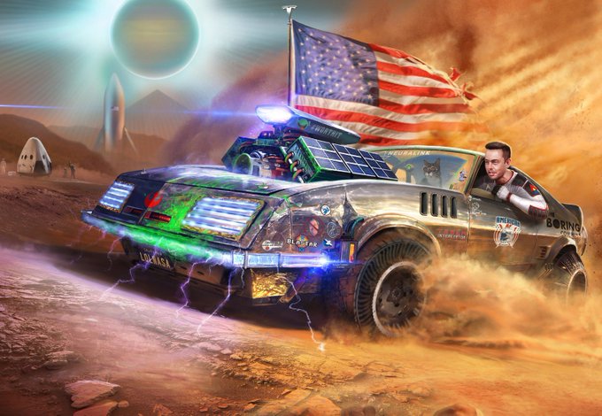 A digitally manipulated image of a modified DeLorean car driving on Mars, complete with an American flag, solar panels, Elon Musk in the driver's seat, and a cat as a passenger.