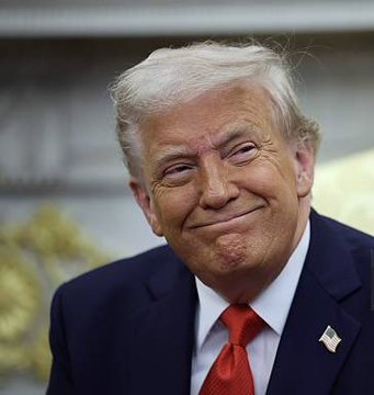 A close-up portrait of Donald Trump smiling, which is being shared alongside the skeptical post "Fucking hell! Is this true?". The image serves as a visual subject for the user's incredulous reaction.