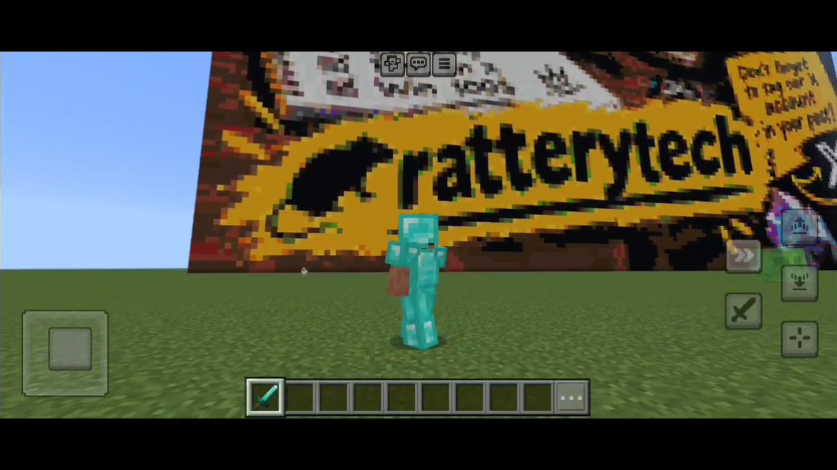 A Minecraft player in diamond armor stands proudly in front of a large pixel-art billboard displaying the "ratterytech" logo and the message "Don't forget to pay your taxes McBursh in your polls!" — a creative build made for the @ratterytech meme contest, showcasing the player's dedication of 1-2 hours to winning the competition.