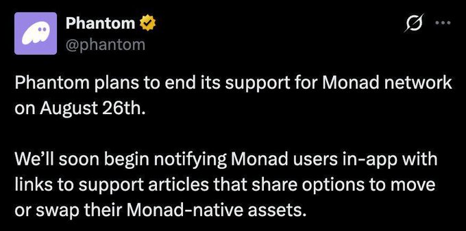 A tweet from verified account @phantom announcing that Phantom plans to end its support for the Monad network on August 26th, with in-app notifications planned to help users move or swap their assets.
