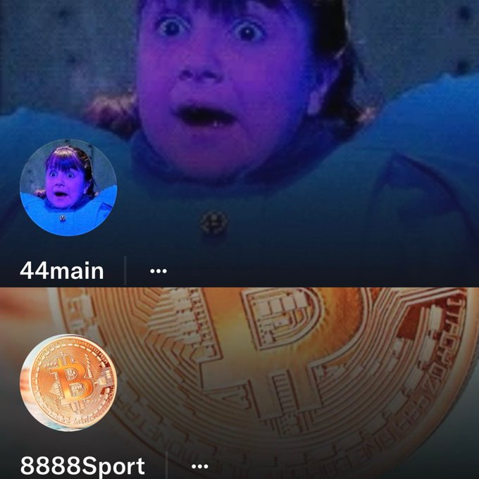 A shocked child's face is used as profile pictures for two accounts: "44main" above a blue-lit image and "8888Sport" above a Bitcoin coin image.