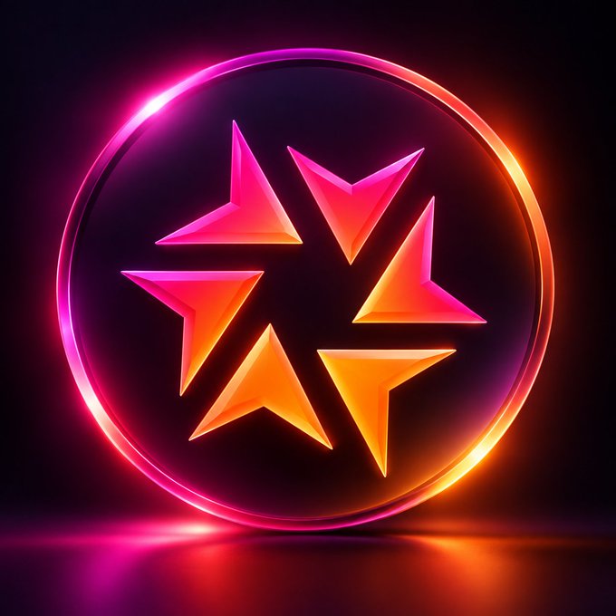 A glowing neon-style logo featuring a six-pointed star enclosed in a circle, rendered in vibrant pink and orange gradient colors against a dark background.
