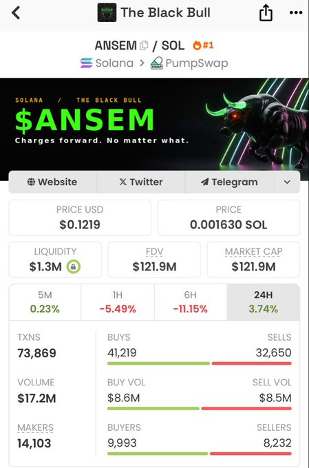 A cryptocurrency tracking page showing details for 'The Black Bull' token ($ANSEM) on Solana via PumpSwap, with a price of $0.1219 USD (0.001630 SOL), FDV of $121.9M, and 24H change of 3.74%.