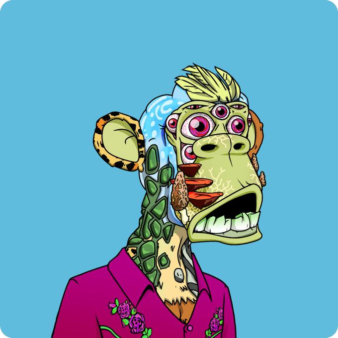 A distorted monkey character with multiple red eyes, sharp teeth, and mushroom growths on its face wears a magenta shirt with rose embroidery against a blue background.