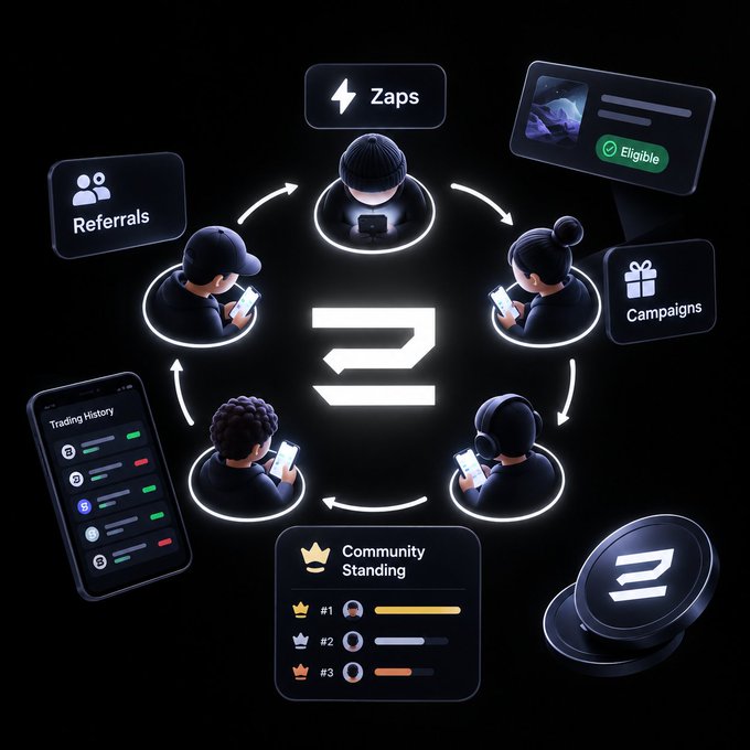 A digital illustration displays a circular ecosystem diagram featuring people using smartphones connected to features labeled Zaps, Referrals, Campaigns, Community Standing, and Trading History.