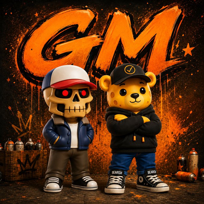 A street art-style illustration of two cartoon characters - a skeleton in a baseball cap and a bear in a black hoodie - standing in front of an orange graffiti wall with 'GM' text.