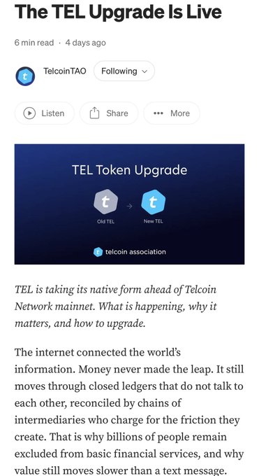 Medium article header titled 'The TEL Upgrade Is Live' by TelcoinTAO, featuring a 'TEL Token Upgrade' graphic showing the transition from Old TEL to New TEL ahead of the Telcoin Network mainnet.