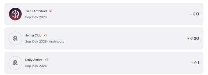 A rewards dashboard showing achievements: 'Tier 1 Architect x1' (Sep 15th, 2026), 'Join a Club x1' (+20 points), and 'Daily Active x1' (+1 point) under the Architects category.