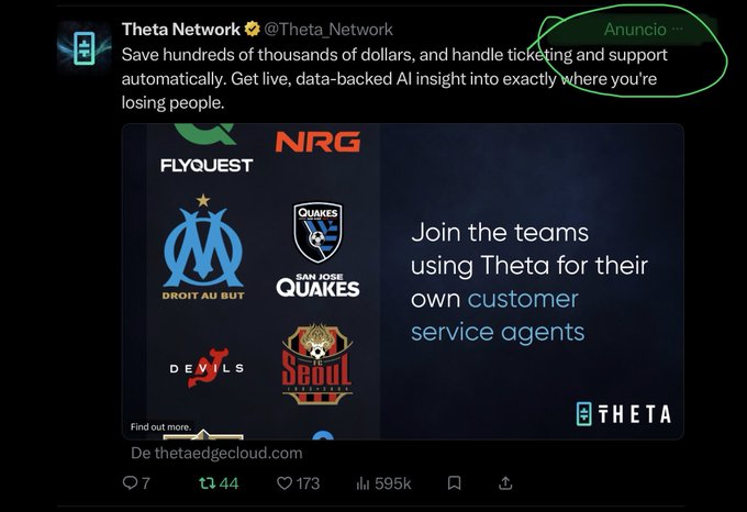 A sponsored tweet from Theta Network promotes AI-powered customer service ticketing solutions, featuring team logos including Marseille, San Jose Quakes, Devils, and Seoul.