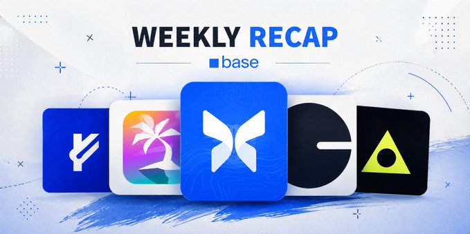A 'Weekly Recap' graphic for Coinbase Base featuring five app icons in blue, tropical, and geometric designs.
