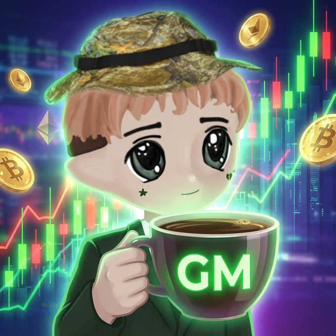 The image features a young boy standing against a graphic background that includes various stock market symbols such as dollar signs, lightning bolts, and a bull and bear chart. The boy is holding a green cup with the word "Gm" written on it, and he has an olive hat on his head while wearing khaki cargo pants. In the foreground of the image, there's a small figure of the boy sitting at a desk in front of a computer monitor.

The post contains text that references Season 3 updates and news over the weekend, with mentions of Mindo leaderboard positions and rewarding actions like perp trade or card purchase for Season 3 gameplay improvements. The young boy seems to be interested in these gaming updates while enjoying his coffee.
