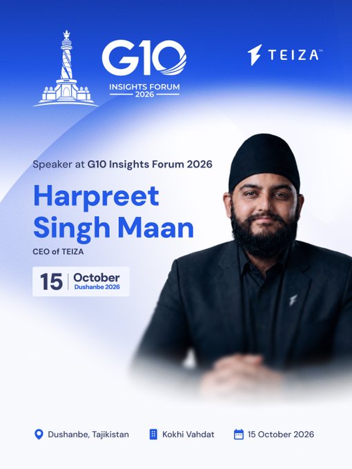 The image is a promotional graphic for the G10 Insights Forum 2026, featuring a headshot of Harpreet Singh Maan, CEO of TEIZA, as a speaker at the event scheduled for 15 October in Dushanbe, Tajikistan. The design includes the G10 Insights Forum and TEIZA logos, with event details noting the location as Kokhi Vahdat, reinforcing the post's announcement about his speaking engagement on blockchain topics.