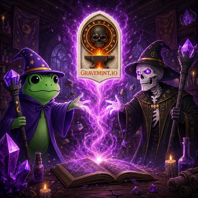 A fantasy digital artwork for 'GRAVEMINT.IO' featuring a frog wizard and a skeleton wizard casting purple magic over an open spellbook, with a skull emblem banner in the background.