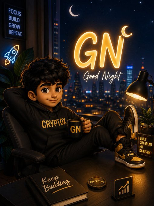 Cartoon avatar of a boy in 'CRYPTOX' clothing holding a 'GN' mug, with neon signs reading 'GN Good Night' and 'FOCUS BUILD GROW REPEAT' in the background.