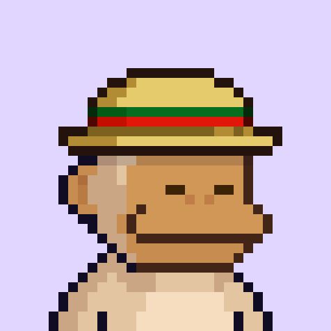 A pixel art illustration of a character wearing a yellow straw hat with red and green bands on a light purple background.