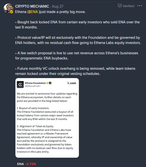 A screenshot of a post by 'CRYPTO MECHANIC' on Aug 27 discussing Ethena ($ENA) buyouts and tokenomics updates, quoting the Ethena Foundation's announcement. ENA is shown at -2.72%.