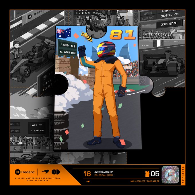 A McLaren Mastercard Formula 1 Team collectible NFT card featuring race number 81 and 'AZERBAIJAN GP 24-26 Sep 2026,' showing a pixel-art driver celebrating with various racing stats including laps and km/h.