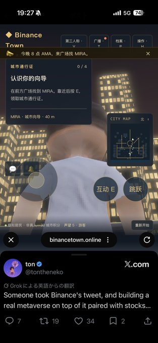 A screenshot from X (formerly Twitter) showing a mobile game interface for "Binance Town" with a user navigating a city while a tweet from @tontheneko discusses building a real metaverse paired with stocks on top of Binance's tweet.