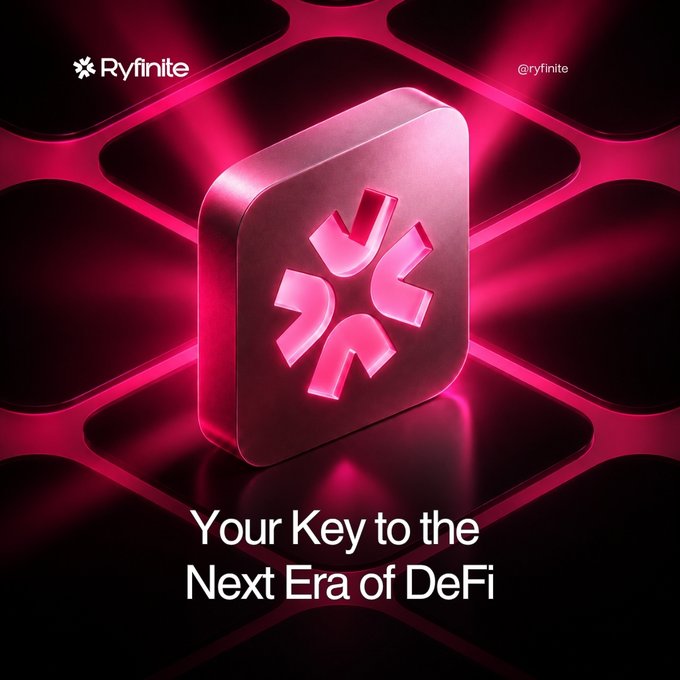A promotional graphic for 'Ryfinite' features a glowing pink 3D logo on a dark red honeycomb background with the tagline 'Your Key to the Next Era of DeFi'.
