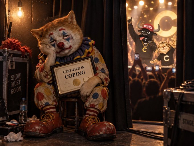 A weary clown in the wings holding a "Certified in Coping" certificate watches two mascots hype up a roaring crowd, mirroring the post's message that the true test of conviction is enduring the long, exhausting backstage wait while everyone else celebrates the chart going straight up.
