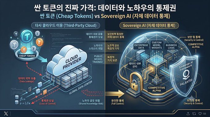 A Korean-language infographic comparing 'Cheap Tokens' (third-party cloud) versus 'Sovereign AI' (self-hosted data), featuring elements like Cloud Provider, Enterprise Data, Competitive Alpha, Palantir, and 'Fall Control'.