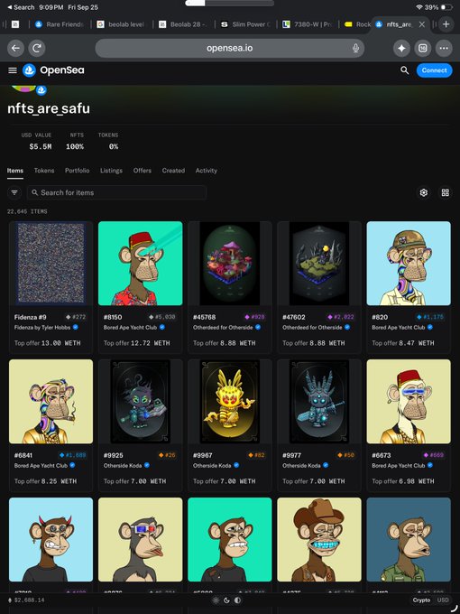 A mobile screenshot of OpenSea.io displaying a Bored Ape Yacht Club NFT collection with the title "nfts are safu" and various ape characters shown at different floor prices.