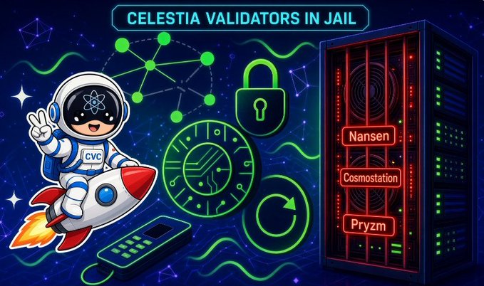 A colorful digital graphic titled 'CELESTIA VALIDATORS IN JAIL' features a cartoon astronaut on a rocket, a server rack labeled 'Nansen,' 'Cosmostation,' and 'Pryzm,' along with a padlock and circuit imagery.