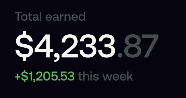 A screenshot showing a "Total earned" dashboard displaying **$4,233.87**, with a green "+$1,205.53 this week" indicator below, supporting the post's boast about making a salary on @fomo in one month.