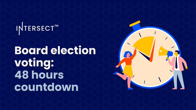 An 'INTERSECT' promotional graphic announcing 'Board election voting: 48 hours countdown' with an illustration of people interacting with a large stopwatch.