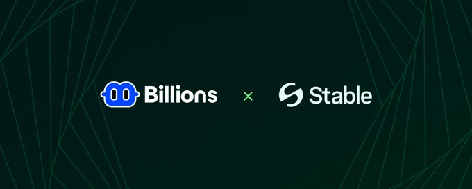 A dark green banner displaying a partnership between 'Billions' (with a blue cloud-like logo) and 'Stable' (with an infinity-style logo) separated by an 'x' symbol.