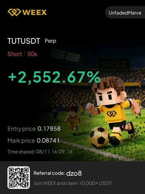 A promotional card from WEEX exchange showcasing a successful TUTUSDT Perp short trade at 50x leverage with a +2,552.67% return, including entry and mark prices, and a referral code 'dzo8' over a background of a blocky soccer game.