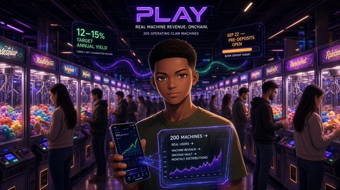 A digital illustration of a young man in an arcade holding a phone displaying financial data, with claw machines labeled 'PLAY' and 'REAL MACHINE REVENUE. ONCHAIN. 200 OPERATING CLAW MACHINES' in the background.