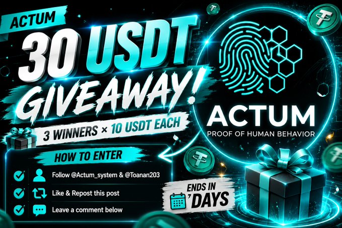 A promotional graphic advertising an 'ACTUM 30 USDT GIVEAWAY!' with 3 winners of 10 USDT each, featuring the ACTUM logo and instructions to follow @Actum_system & @Toanan203, like/repost, and comment.