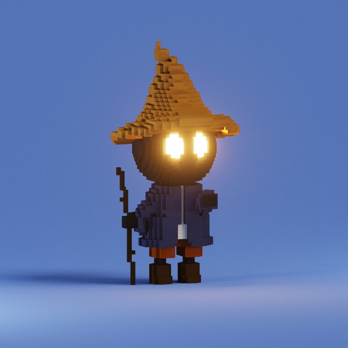 The image features a small, black character with a hat that resembles a wizard's hat. The character has a stick in one hand and a lantern in the other. The character appears to be standing against a blue background, which contrasts nicely with its dark appearance. The caption of the image reads "Hello Algorand... #SorcererSaturday".