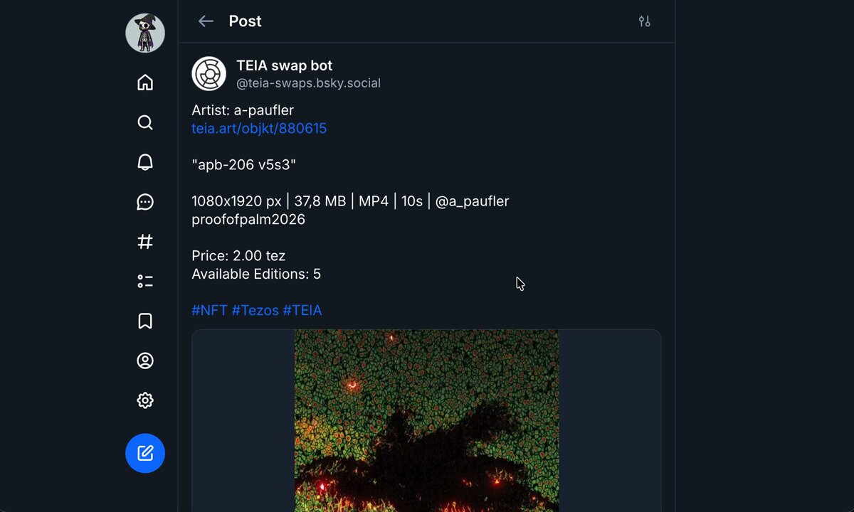 The image shows a screenshot of a Twitter page where two posts are displayed side by side - one post discussing a Tezos NFT buy button and another post with a photo of a horse surrounded by trees. The first post contains information about the button and its functionality, while the second post features an image related to the theme of horses and nature. Both posts have a number of social media buttons on them, including likes, shares, and mentions.
