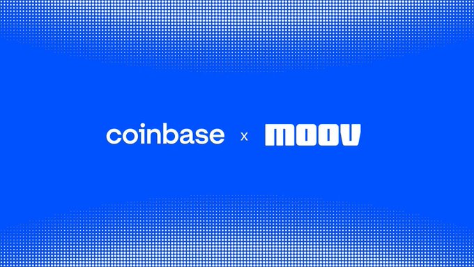 The image features a blue background with a halftone dot pattern, displaying the text "coinbase x moov" in white, with "coinbase" in a clean lowercase font and "moov" in a stylized blocky typeface. This visually represents Coinbase's partnership with Moov to integrate stablecoin capabilities for community banks, as referenced in the accompanying announcement about helping 1,000+ community banks access stablecoin features.