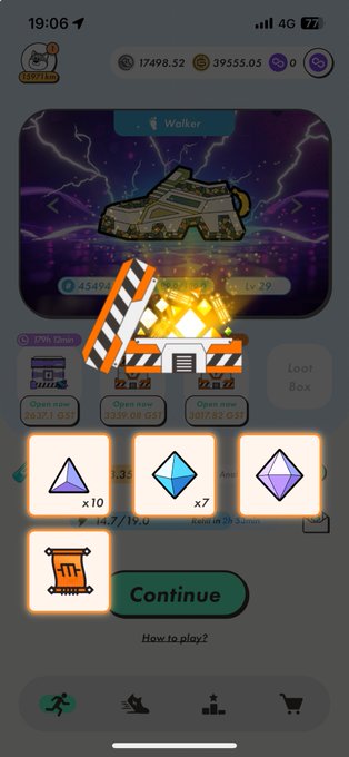 A mobile game screenshot showing an unboxing/construction scene with a 'Walker' sneaker item, timers for '179th timer' and 'New launch gift', earned gems (triangle x10, blue diamond x7, purple diamond x1), and a 'Continue' button.