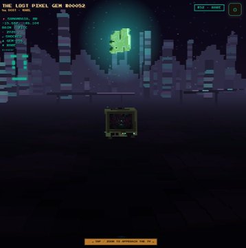 The image shows a video game scene titled "THE LOST PIXEL GEM #000052," featuring a floating green pixelated gem above a box-like device in a dark, atmospheric setting with a faint city skyline. The game appears to be a collection-style title where players gather unique pixel gems, tying into the "POOLGEMS" reference suggesting a pool or collection of similar gem-collecting games.
