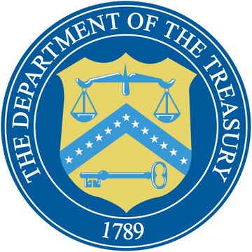 The official seal of 'THE DEPARTMENT OF THE TREASURY', dated 1789, featuring a blue and yellow shield with scales, stars, and a key.