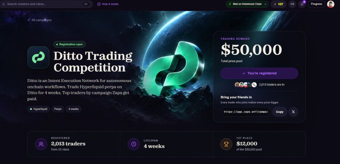 A 'Ditto Trading Competition' webpage showing a $50,000 total prize pool, registration open, and 2,013 traders already enrolled.