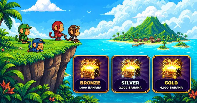 A colorful pixel-art island game screen shows monkey-like characters near the coast and three purchasable chests labeled “BRONZE 1,000 BANANA,” “SILVER 2,000 BANANA,” and “GOLD 4,000 BANANA.”