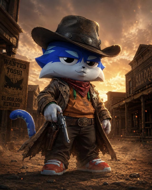 A blue cartoon cat dressed as a Western outlaw—wearing a cowboy hat, sheriff's badge, tattered duster coat, and red sneakers—stands in a dusty frontier town holding a revolver. Behind him is a "WANTED TOSHI" poster offering a "$1,000,000 REWARD," while a saloon and dramatic sunset fill the background, visually reinforcing the post's theme of Toshi confidently "owning" the market like a gunslinger owning the Wild West.