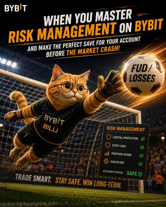 An advertisement for Bybit features an anthropomorphic cat goalkeeper in a 'BYBIT BILLI' jersey blocking a ball labeled 'FUD LOSSES,' with the headline 'WHEN YOU MASTER RISK MANAGEMENT ON BYBIT AND MAKE THE PERFECT SAVE BEFORE THE MARKET CRASH!' and a checklist emphasizing 'CAPITAL PROTECTION,' 'STOP-LOSS,' 'POSITION SIZING,' and 'DISCIPLINE.'