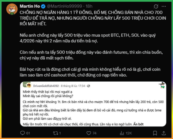 A tweet by 'Martin Ho @MartinHo99999' warning against using borrowed money for crypto futures, quoting a post about a spouse losing 500 million to coin trading.