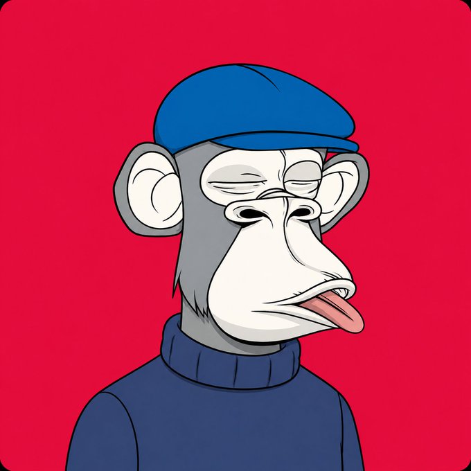 A cartoon-style Bored Ape Yacht Club (BAYC) NFT character with half-closed eyes, sticking out its tongue, and wearing a blue cap and navy turtleneck is shown against a bright pink background. This matches the post introducing their profile picture (PFP) as a top NFT from the BAYC collection, greeting fellow community members.