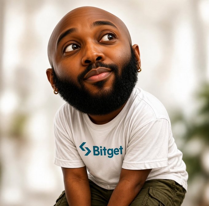 A portrait of a bald man with a beard wearing a white 'Bitget' branded t-shirt, looking upward with a slight smile.