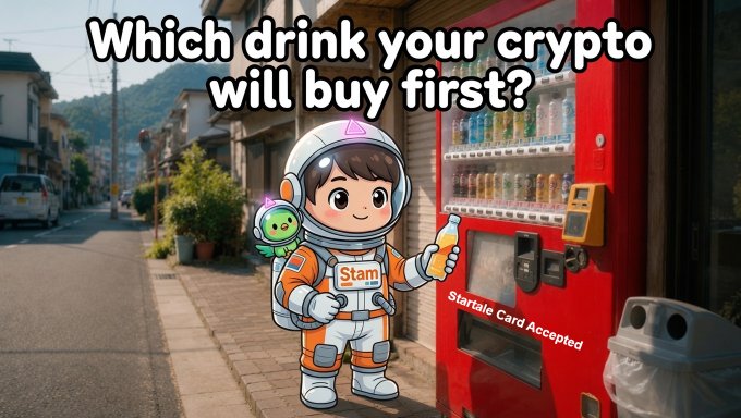 A meme featuring a cartoon character in an astronaut suit labeled 'Stam' holding a soda bottle in front of a Japanese vending machine, with text asking 'Which drink your crypto will buy first?'